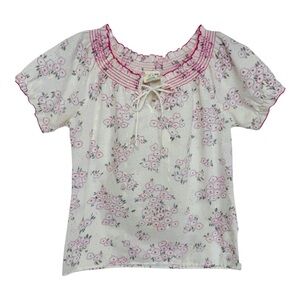 Vintage 70s Floral Boho Peasant Blouse Top Size Small Union Made White Pink